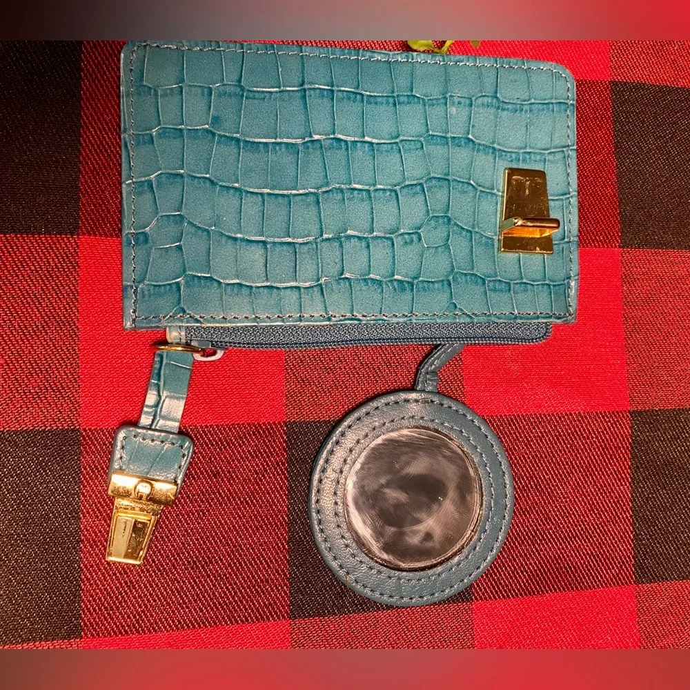 Etienne Aigner Teal Croc-Embossed Card Holder with Mirror Attached & Gold Accent